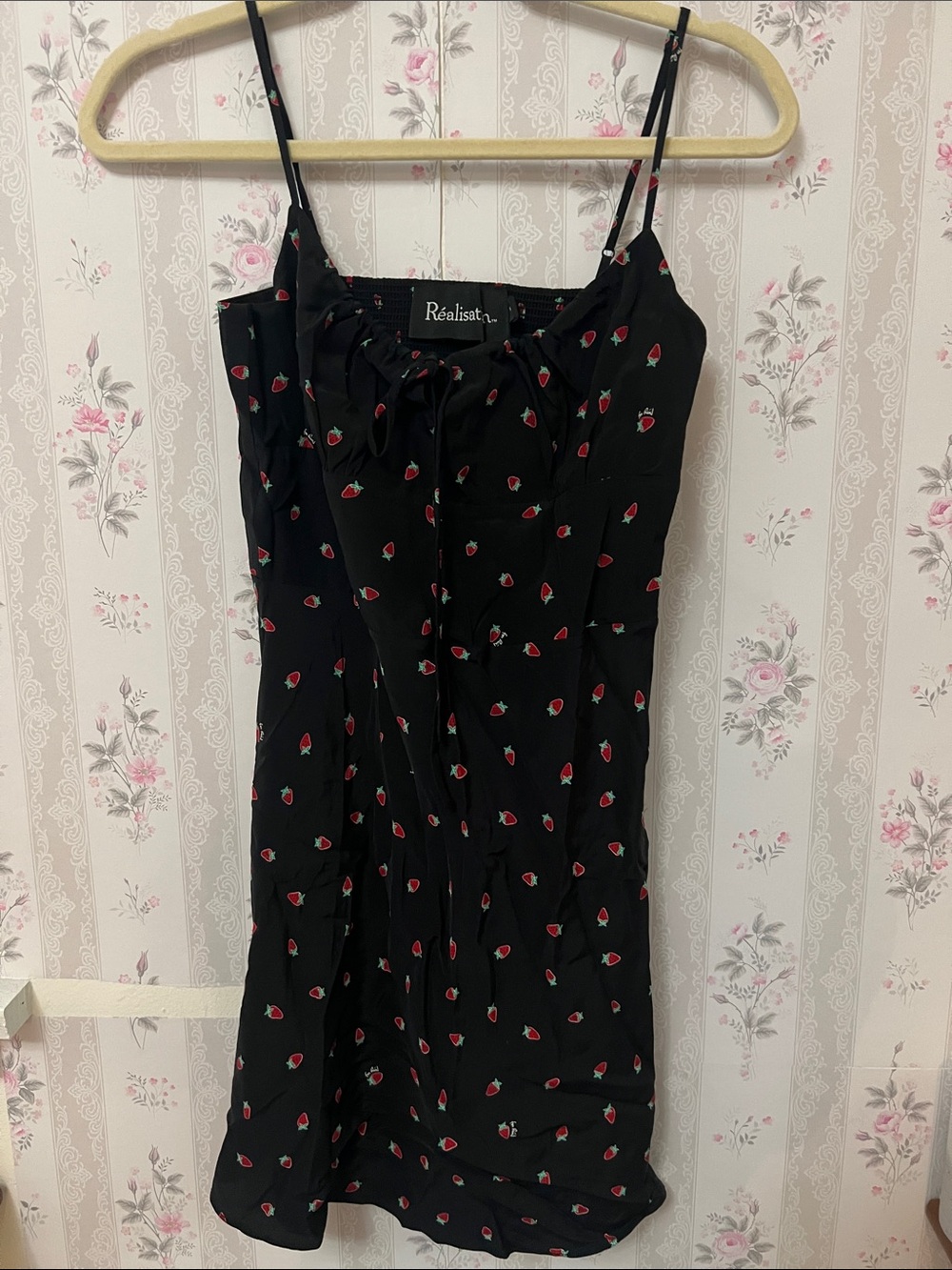 Realisation Par Black Slip Dress with Red Strawberry Print